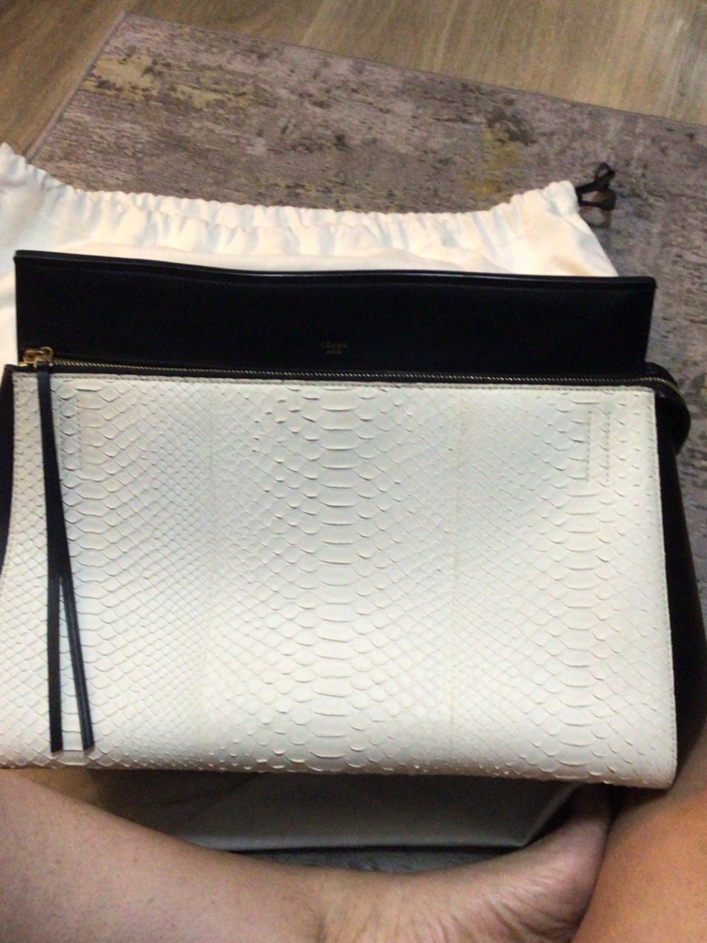 Celine White Textured Clutch with Black Trim